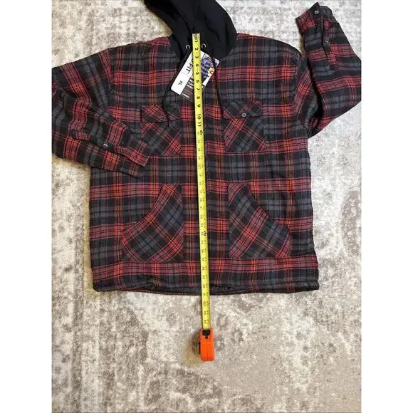 Tru-Fit Hooded Zip Front Jacket Coat Shacket Flannel Shirt Red Gray Plaid XL NWT - Picture 2 of 5
